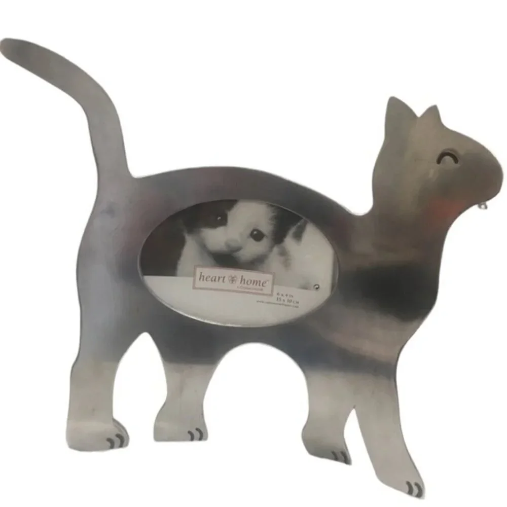 Cat Photo Frame Large Metal Freestanding Curved Large 11” Table Decor Silver 4x6